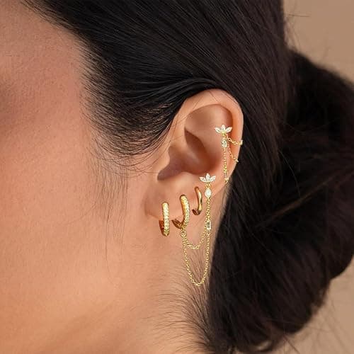 Earring Stacks Chain Gold Cartilage Helix Multiple Piercing Hoop Sets Women | 6PCS,Flat/Butterfly Back,14K Gold/Silver Plated,Dangle Huggie Hoop,White/Green CZ,Trendy Stackable Prom Jewelry Gift thumbnail 5