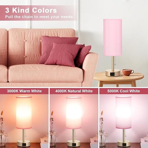 Small Table Lamp for Bedrooms - Bedside Lamps for Nightstands, Minimalist Night Stand Light with round fabric shade, Desk Reading Lamps for Children's room, Living room, Offices,Dorm (Pink and Gold) thumbnail 2