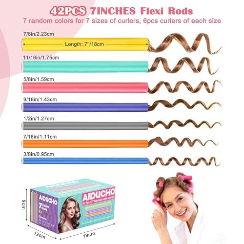 AIDUCHO Heatless Hair Curlers 42PCS Flexible Hair Rollers 7" Soft Foam Hair Curlers No Heat Bendable Curling Rods for Short Medium Long Hair, 7 Colors & Sizes thumbnail 2