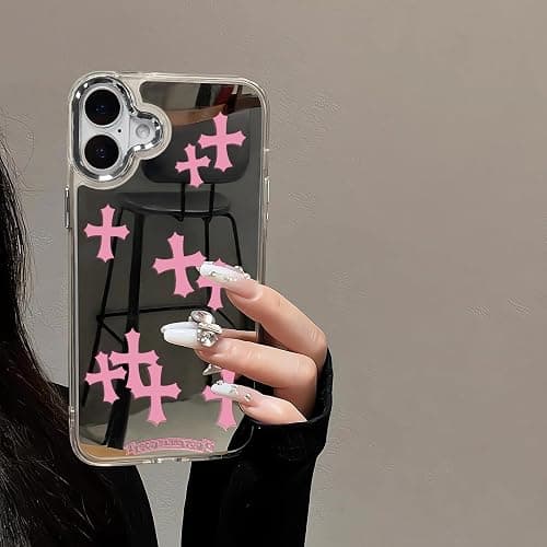 xoniery Compatible with iPhone 16 Plus Case Cute Glossy Mirror Back Case,Pink Cross Pattern,Senior Shockproof Protection for iPhone 16 Plus Case for Women Girls - Image 1