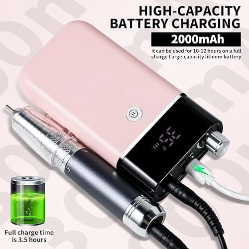 Moskany Professional Electric Nail Drill Kit Pink Portable Rechargeable Cordless Nail File Machine 35000 RPM with 7PCS Bits for Acrylic Gel Powder Nails Polish Pedicure Toenail Tool Salon Set thumbnail 4