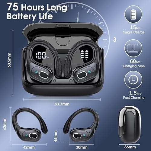 Wireless Earbuds 75hrs Bluetooth 5.4 Headphone Sport, 2026 Bluetooth Earbuds Stereo Deep Bass Over Ear Bud with Earhooks, ENC Noise Cancelling Mic, IPX7 Waterproof Earphone for Gym/Running/Workout thumbnail 4