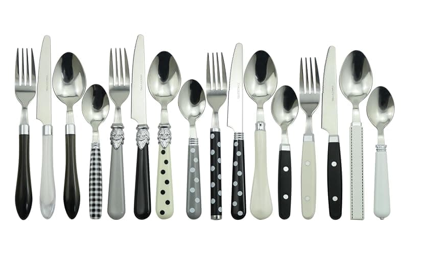 The Original Brink House Eclectic Black & White Mix & Match Stainless Steel Cutlery Set / 16 pieces with Metal Stand/Lifestyle utensils set for home, first apartment, dorm, dinner parties - Image 1