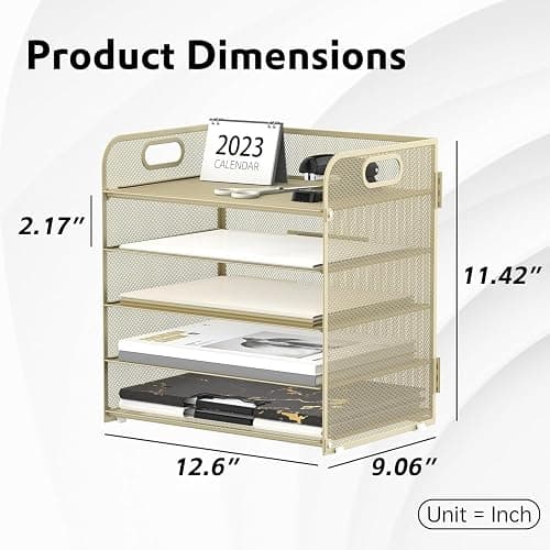 Supeasy 5 Trays Paper Organizer Letter Tray with Handle-Mesh Desk File Organizer,Pink Paper Sorter Desk Organizer for Office, Home or School (Gold Yellow) thumbnail 2