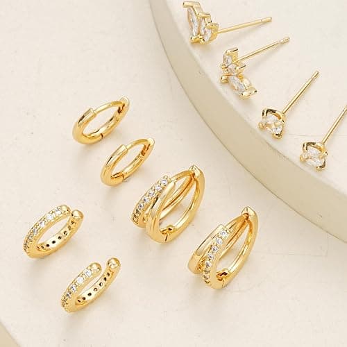 Gold Hoop Earrings Set for Women, 14K Gold Plated Small Double Hoop Earrings Set for Multiple Piercing, Dainty Huggie Earring for Women thumbnail 6