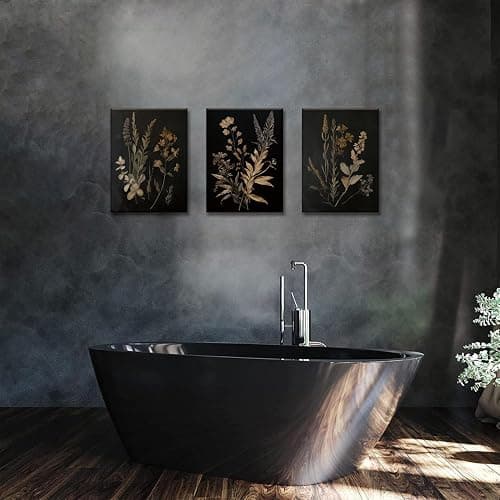 TUEASKY 3 Piece Moody Botanical Canvas Wall Art Vintage Floral Wall Art Boho Dark Flower Decor Black Wildflower Art Prints for Living Room Bedroom 12x16in Framed thumbnail 5