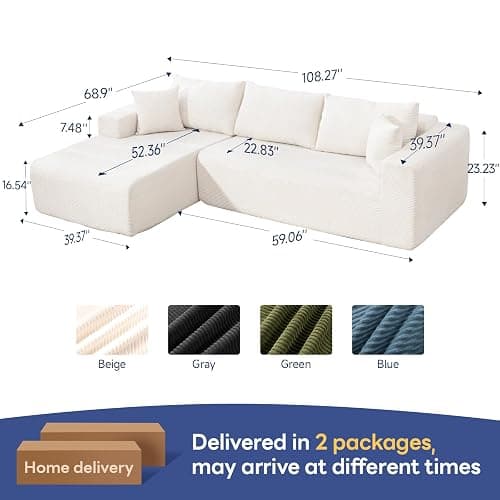 2025 New 108" Cloud Couch Sectional, Modular Sectional Sofa with L-Shaped Chaise, Deep Seat Sectional Modular Couch for Living Room, No Assembly Required (Beige, Left Facing Chaise) thumbnail 3