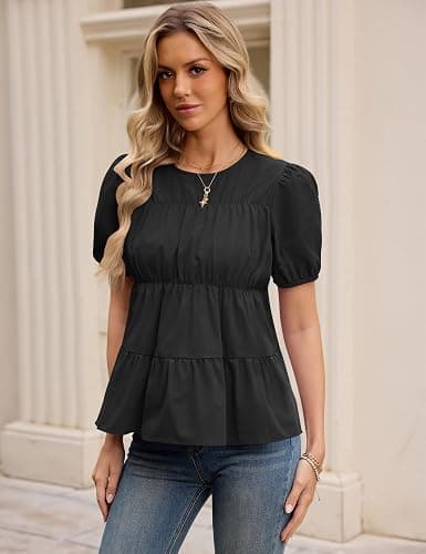 Rapbin Womens Puff Short Sleeve Babydoll Tops Summer Peplum Pleated Cotton T Shirts Casual Loose Fit Flowy Blouses thumbnail 3