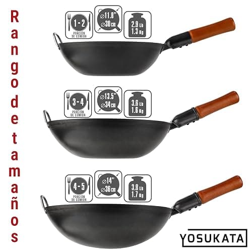 YOSUKATA Sarten Wok de Acero al Carbono 34 cm - Pre-sazonado Wok Fundo Plano - Wok Induccion Tradicional - Sin Сobertura Química - Compatible Con Cocinas de Gas, Inducción, Eléctricas y Fuego Abierto thumbnail 7