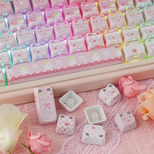 TYRIXKI PBT Keycaps - Pink Meow Meow Keycap, 113 Keys Side Print Shine Through Cute Keycap, Mao Profile Custom Cat Keycaps for 60 65 75 100 Percent Cherry MX Mechanical Keyboard thumbnail 8