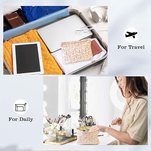 Aesthetic Makeup Bag Cotton, Quilted Floral Make up Bags, Travel Toiletry Bag Women, Daily Use Cosmetic Bags for Girls, Pink Makeup Bag for Purse, Cosmetics Organizer Pouch thumbnail 7