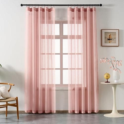 Ftinala Light Pink Sheer Curtains 102 Inch Long, Linen Look Textured Light Filtering Drapes for Girls Room, Light Pink Transparent Window Decor, Floor to Ceiling Pinch Pleat Curtain with Hooks thumbnail 6
