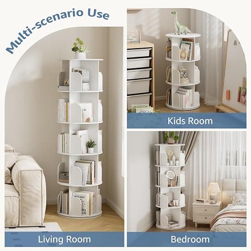 DUMOS 3 Tier Rotating Bookshelf Tower, Spinning Bookshelf for Small Space | 360° Display Revolving Bookcase Lazy Susan, Freestanding Vertical Corner Book shelf for Bedroom, Living Room, Entryway, White thumbnail 7