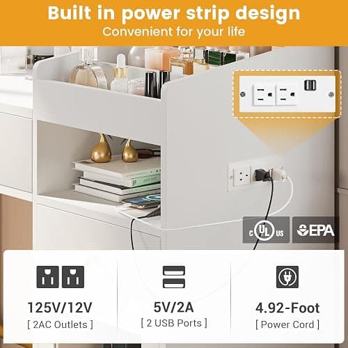 VIAGDO White Vanity Desk with Mirror and Lights, Makeup Vanity with Charging Station & 3 Storage Compartments, Makeup Desk with Drawers and Open Storage Shelves, Bedroom Dressing Table thumbnail 6