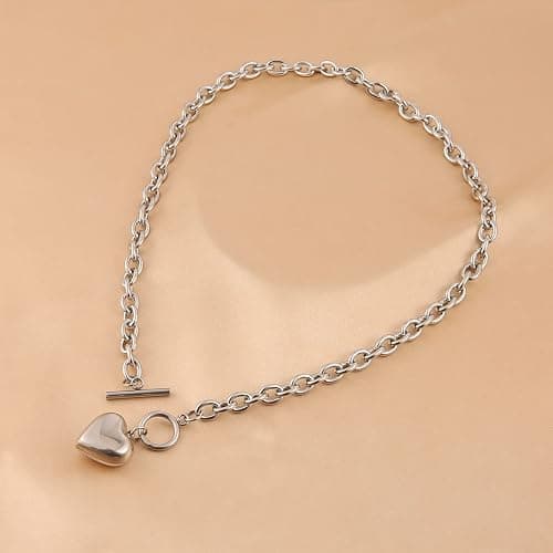 HZMAN Women Stainless Steel Multilayer Necklace Heart Pendant Dog Tag Pendant Chunky Cuban Chain Link Toggle Clasp Necklace thumbnail 3