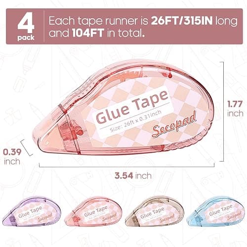Secopad Scrapbook Tape, 4 Pack Double Sided Tape Roller for Crafts, Adhesive Glue Runner Scrapbooking Supplies Journaling School Office Teacher Supplies, 0.3IN x 26FT, Clear Light-Colored Shell thumbnail 5