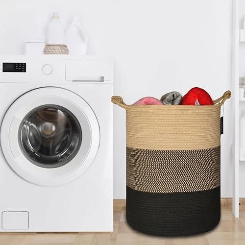 COMSE Extra Large Blanket Basket, Tall Woven Storage Basket, Nursery Hamper, 15.7”x 21.7”, Cotton Rope Laundry Hamper for Toys Clothes Towels, Brown/Black thumbnail 6