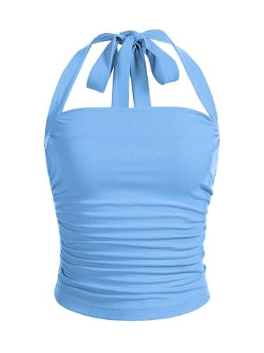 SOLY HUX Women's Ruched Halter Y2K Crop Tops Tie Back Sleeveless Slim Fit Cami Tops - X-Small - Solid Blue - Image 1
