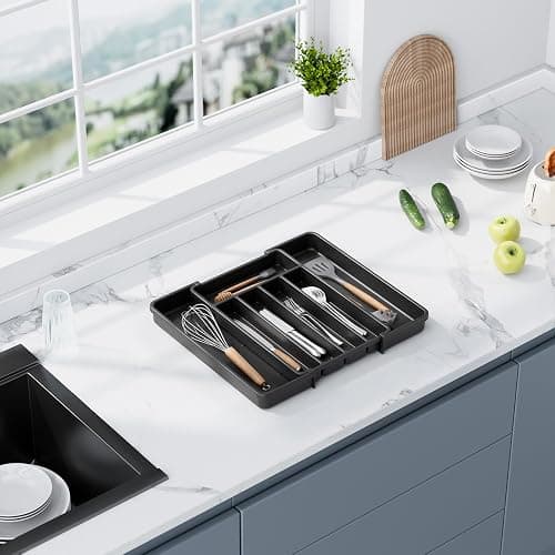 Aujen Silverware Organizer - Expandable Kitchen Drawer Organizer, Adjustable Utensil Organizer, Cutlery Tray for Forks, Knives, Multipurpose Kitchen Organizers and Storage Solution, Black, Medium thumbnail 8