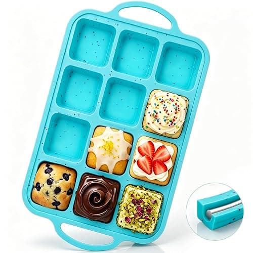 KASHME 12-Cavity Silicone Brownie Pans With Metal Frame, Non Stick | All Edges Mini Brownie Baking Pan With Dividers, Square Muffin Pan For Oven, Aqua, 1 Pc - Image 1