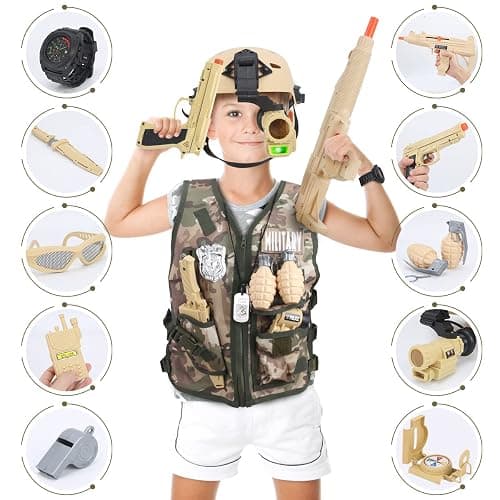 CAPTAIN CHAOWING Kids Army Costume, Military Soldier Dress up Role Play 3+ | 17Pcs Military Soldier Dress Up Kit, Realistic Combat Accessories with Helmet & Vest, Halloween Party, Toys for Ages 3+ thumbnail 5