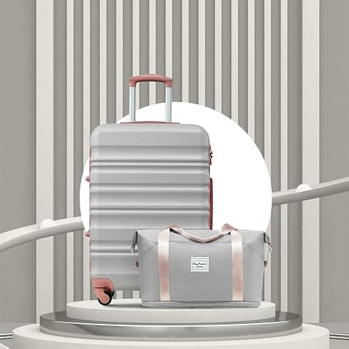 LONG VACATION 6 Piece Luggage Set Carry on Suitcase with ABS+PC hardshell, Spinner Wheels & YKK Zipper TSA Lock (GREY-PINK, 6 piece set) thumbnail 2