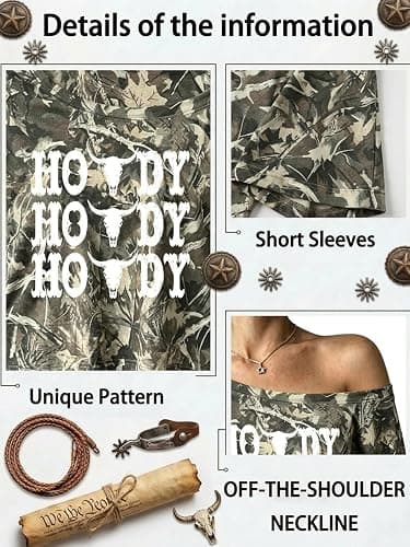 Women's Off The Shoulder Crop Top Short Sleeve Western Cowgirl Graphic Tees | Off The Shoulder Western Tops For Women, Retro Vintage Cow Skull Graphic T Shirt, Asymmetrical Y2k Loose Casual Tee Tops thumbnail 5