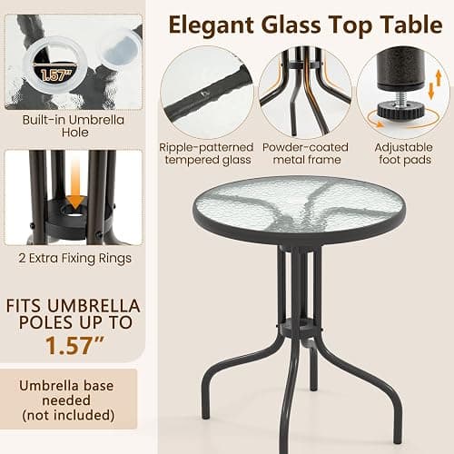 Goplus Patio Bistro Set, 3-Piece Patio Dining Furniture Set with Round Tempered Glass Table, 2 Foldable Chairs, Small Outdoor Folding Chairs & Table Set for Porch Garden Pool Yard thumbnail 6