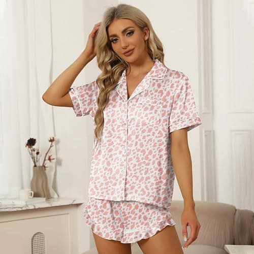 SAPJON Satin Silk Pajamas for Women 2Pcs Ruffle Notch Collar Sleepwear Button Down Short Sleeve Shorts Pjs Set Loungewear thumbnail 3