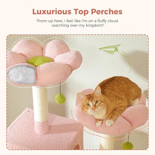 MUTTROS Flower Cat Tree Tall 70.8" for Adult Indoor Cats, 8-Levels Large Cat Tower with 8 Sisal Posts, 2 Hammocks, 2 Condos, Big Perch & 3 Pom Poms for Multi-Cats Household – Carpet Pink thumbnail 6