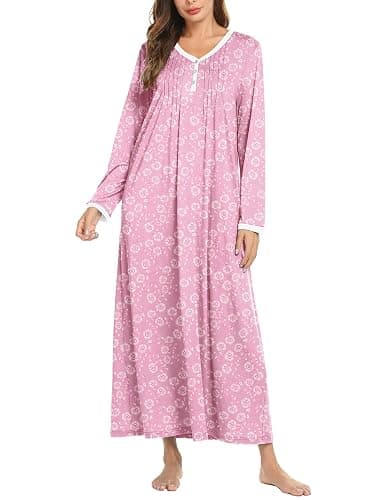 Ekouaer Women's Long Sleeve Nightgown Full Length Sleepwear Long Sleepshirts Henley Sleep Dress S-4XL - Image 1