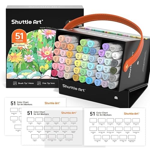 Shuttle Art Pastel Alcohol Markers Brush tip, Dual Tip Brush & Fine Tip Art Marker Set, 50 Colors plus 1 Blender Marker Pens with Case Perfect for Illustration Kids Students Adults Coloring Sketching - Image 1