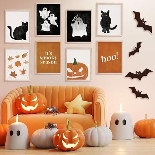 JarThenaAMCS 12Pcs Halloween Wall Art Prints Boho Ghost Pumpkin Black Cat Art Poster Black Orange Wall Decor For Fall Gallery Living Room Bedroom, UNFRAMED, 11 x 14 Inch thumbnail 4