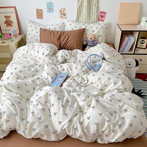 Covebett Bettwäsche 135x200 Mädchen Weiß mit Schwarz Schleifen Kinder Bettbezug 2teilig Aesthetic Kawaii Weich Renforcé Microfaser Einzelbett Deckenbezug Reißverschluss und Kissenbezug 80x80cm thumbnail 2