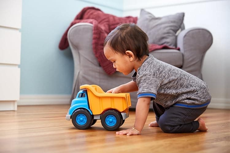 Green Toys Dump Truck, Blue/Orange - Pretend Play, Motor Skills, Kids Toy Vehicle. No BPA, phthalates, PVC. Dishwasher Safe, Recycled Plastic, Made in USA.,Gold/Blue, 10"X7.5"x6.75" thumbnail 2