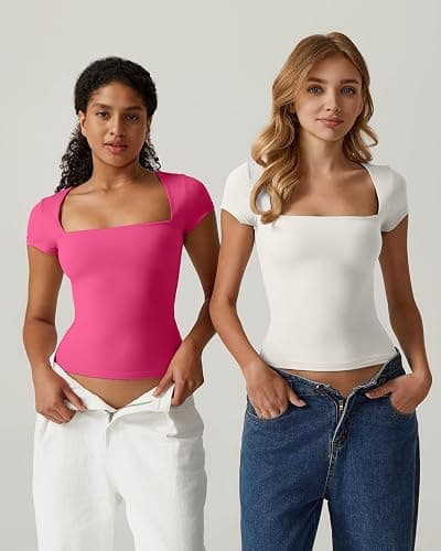 QINSEN Women's Square Neck Short Sleeve T Shirts Double Lined Basic Tee Slim Fit Tops thumbnail 6
