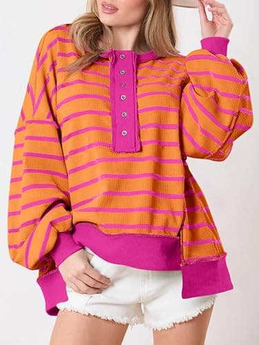 Tankaneo Womens Oversized Striped Sweatshirts Henley Shirts Color Block Casual Pullover Waffle Knit Tops thumbnail 3