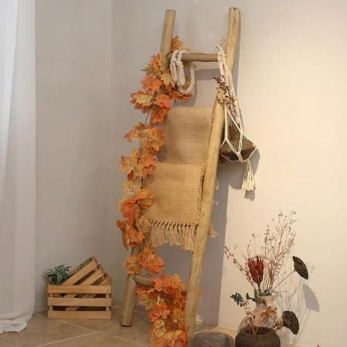 FUIN Fully Assembled 57in Wood Blanket Ladder Living Room Decorative Wall Leaning Farmhouse Quilt Display Holder Rustic Wooden Towel Rack for Bathroom, Brown thumbnail 2