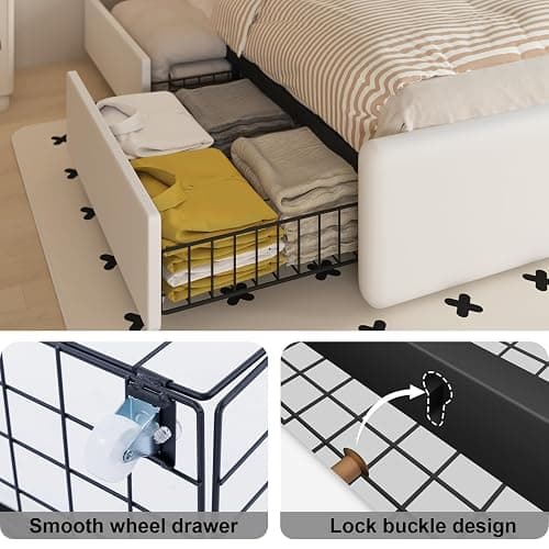 Benevika Full Bed Frame with 4 Storage Drawers and Adjustable Headboard, Upholstered Platform Bed with LED Lights and USB Ports, Solid Wooden Slats Support, Faux Leather, Easy Assembly, Beige thumbnail 4