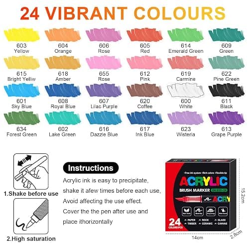 Laconile 24 Couleurs Feutre Acrylique, stylos acryliques à pointe pinceau pour le coloriage adulte ，Acrylic Paint Markers pour Coloriage, Calligraphie, Bois, Toile, Verre, Céramique (24) thumbnail 2