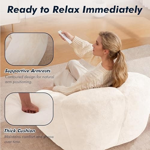 LVHOM 3.28 Feet Bean Bag Chair for Adults, Shell-Shaped Bean Bag Lazy Couch, Faux Fur Cloud Sofa Chair, Lounge Floor Sofa with Filler for Reading, Gaming & Watching, No Assembly Required (Beige) thumbnail 4