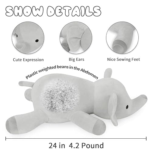OurHonor 4.2lbs 24in Elephant Weighted Stuffed Animals, Weighted Plush, Gifts for Kids, Adults, Girls and Boys(Grey) thumbnail 4