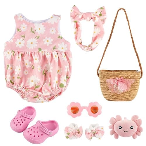 BABESIDE 7 Pcs Reborn Baby Doll Clothes with Woven Bag for 16-20 Inch Dolls | Reborn Baby Doll Accessories Set with 16 Inch Doll Shoes, Sunglasses, Toy Accessories fits Realistic Baby Dolls Girl - Image 1