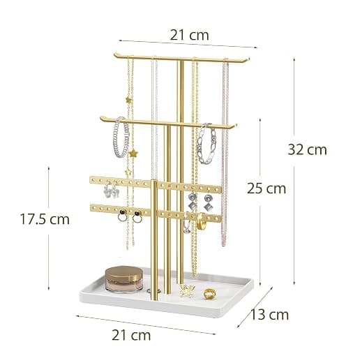 Jewelry Stand Organizer, 32cm Tall Sturdy Metal, 3-Tier Jewelry Holder for Necklace, Earring, Bracelet, Ring, Hanger for Display and Storage, Aesthetic Room Decor, Gold Jewlery Stand with White Tray thumbnail 3