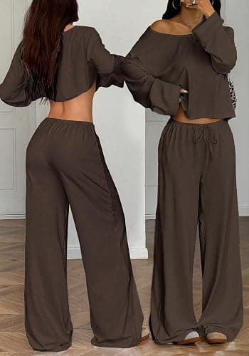 TDCoool Two Piece Matching Lounge Sets For Women Vacation Airport Fall Outfits Off Shoulder Sweatshirt Wide Leg Sweatpant Set thumbnail 2