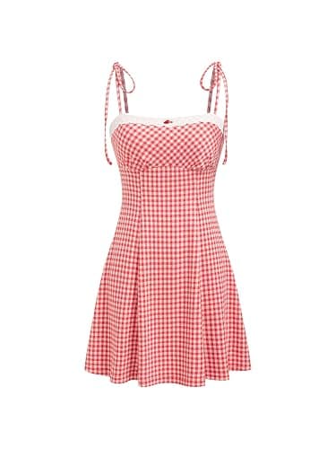 CIDER Womens Summer Gingham Dress Plaid Tie Spaghetti Strap Sleeveless Lace Trim Cute A Line Casual Mini Dresses Sundress thumbnail 2