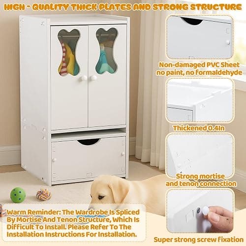 Teenyyou 22.84 x 12.99 x 12.6 Inch Pet Wardrobe Closet Dog Toy Clothes Storage Organizer with Doors and Telescopic Hanging Rod Combinable Drawers Closet Rack for Small Dog Cat Toys Clothes Accessories thumbnail 5