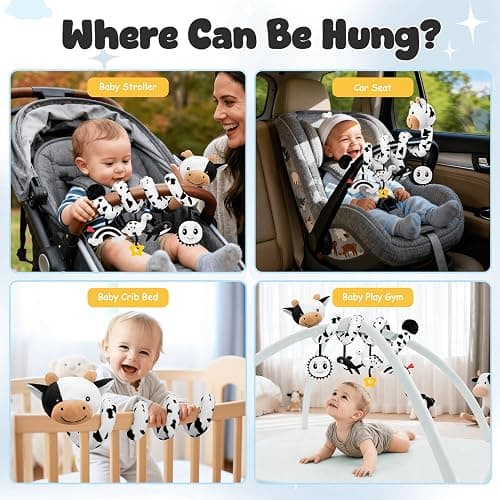 Spiral Car Seat Baby Toys 0-6 Months, Infant Carseat High Contrast Sensory Toys Hanging Stroller Accessories, Newborn Shower Gifts for Baby Boys Essentials Stuff, Cute Black and White Cow thumbnail 4