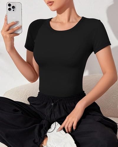 Damen Rundhals Kurzarm Bodys Top Basic T-Shirts thumbnail 2