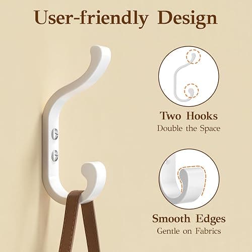 4 Pack Heavy-Duty Metal Double Coat Hooks, for Coats,Hats,Towels and Bags | Double Coat Hooks | white wall hooks | Individual screw-in mounting | Strong double hooks support up to 13.5 kg | Josmimic thumbnail 4